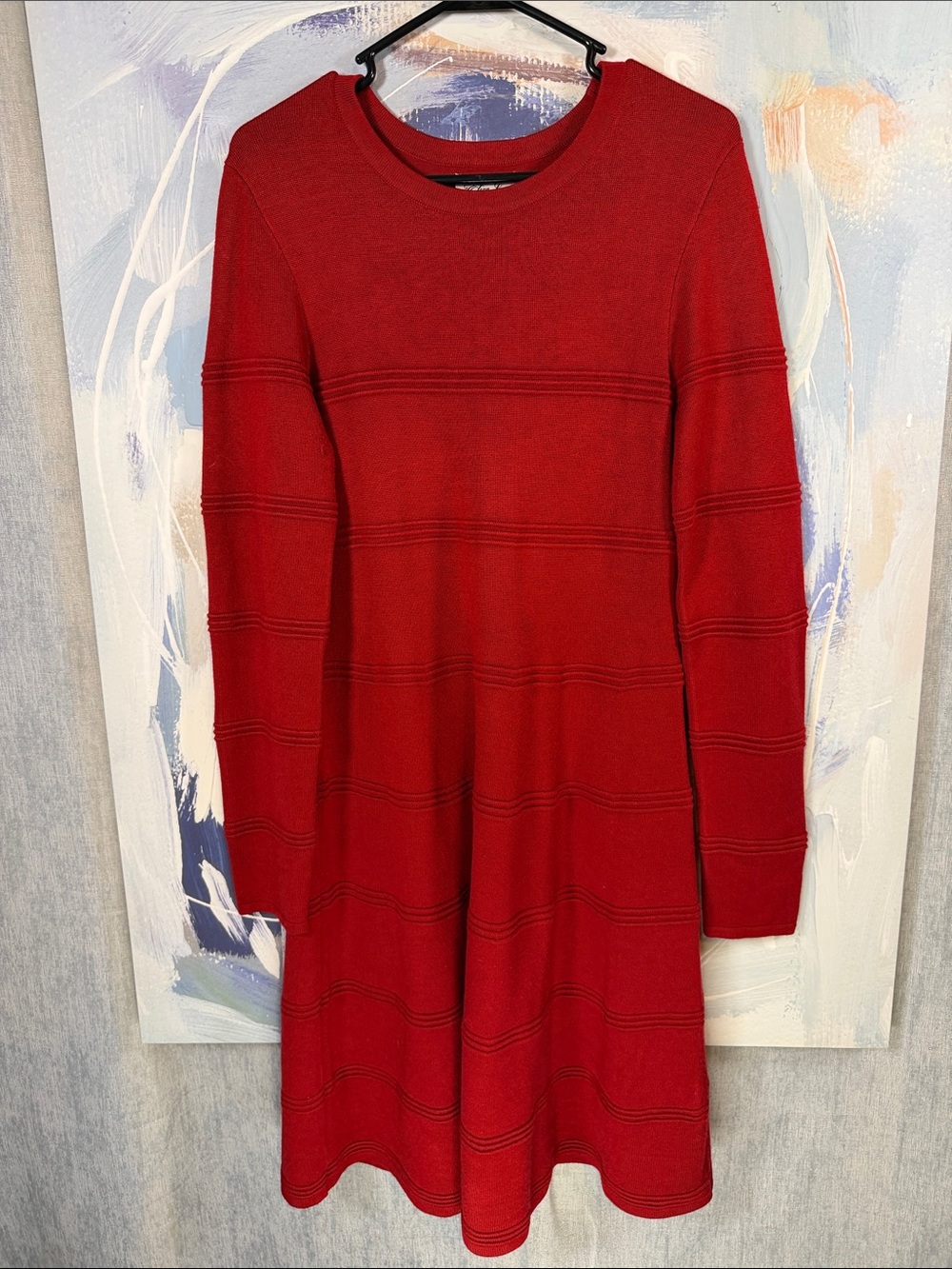 Eliza J Deep Red Knit Sweater Dress S Long Sleeve Fit & Flare Textured Midi